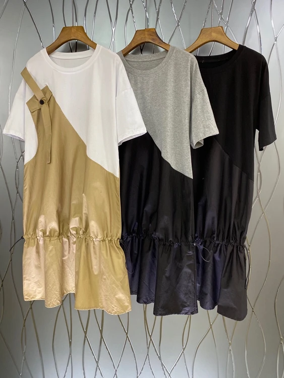 

2021 новая женская мода Круглый воротник сочетающихся цветов шить украшение в виде листка лотоса, с коротким рукавом, платья с пышной юбкой 510