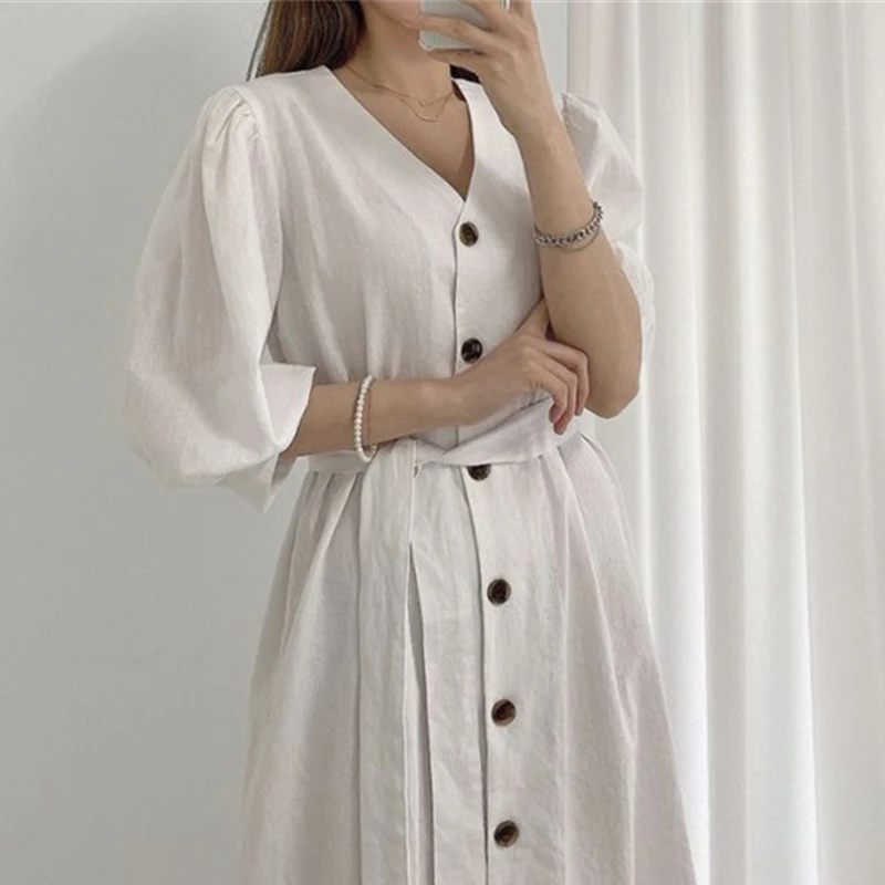 

Summer Office Elegant Women's Pink Dress Chic v-Neck Puff Sleeve Single-Breasted Lace-Up Dress 2021 Female Vestidos