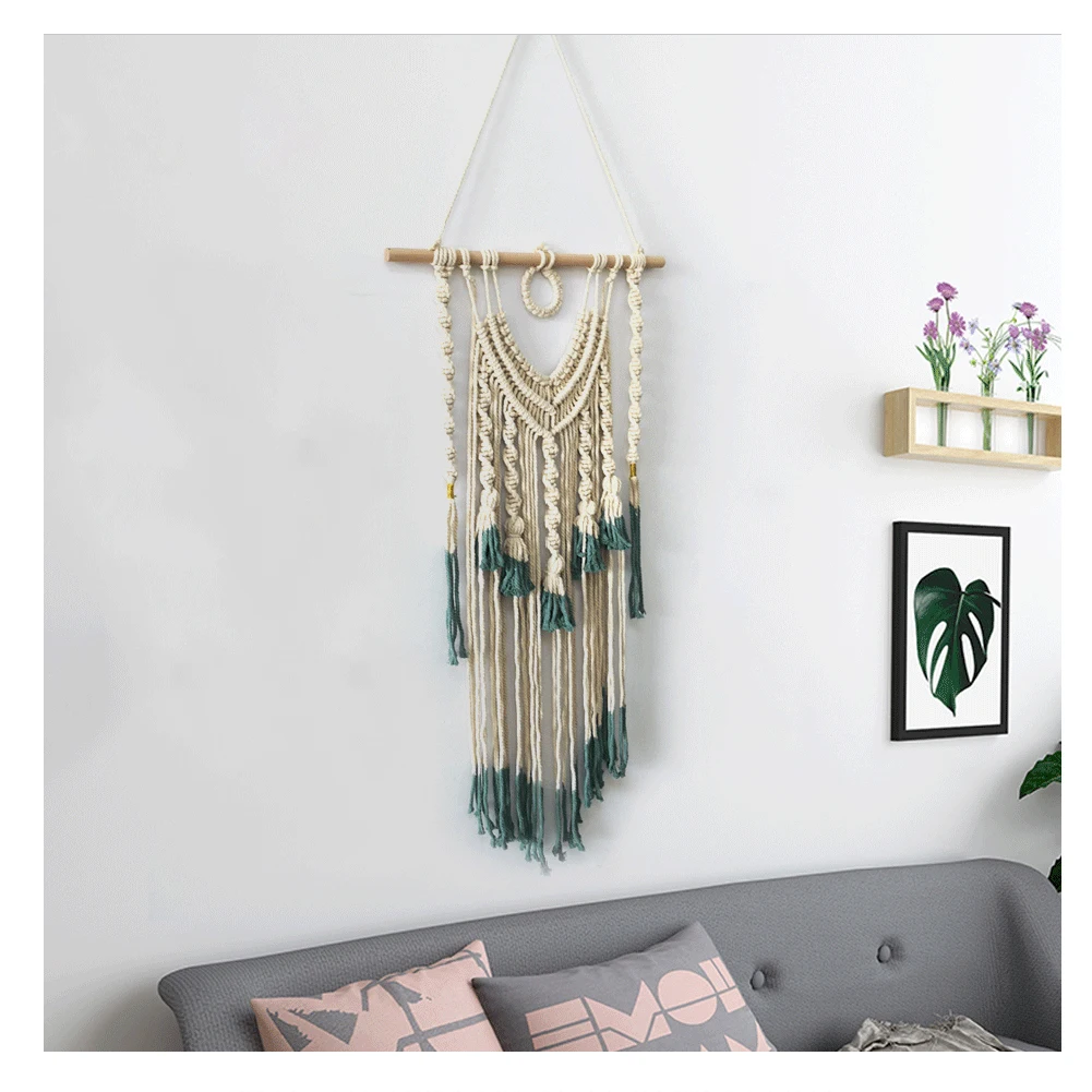 Стене висит зеленые и бежевые Тканый гобелен Boho Chic Ленточки кулон Wall Art Спальня