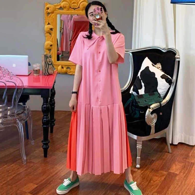 Женское двухслойное платье [EWQ] розовое плиссированное с коротким рукавом и