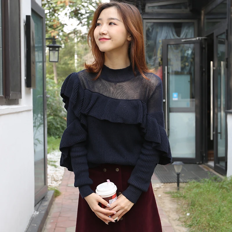 MUMUZI Mesh patchwork lazy wind pullover sweater female 2019 long sleeve new slim slimming ruffled bottoming shirts | Женская одежда