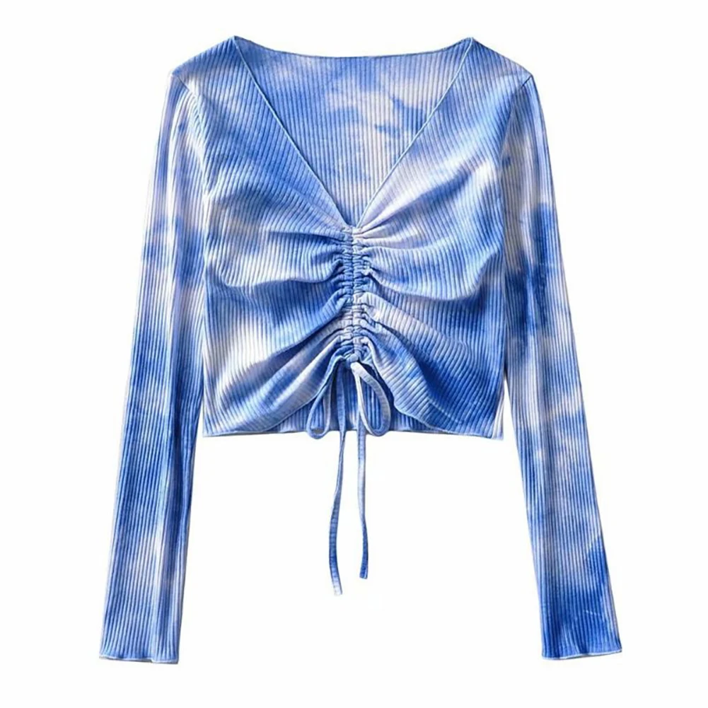 

Sexy Women Tie Dye Ruched Crop Top Long Sleeve V Neck Drawstring Ribbed Blouse