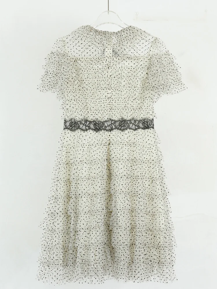

Retro Polka Dot Lace Round Neck Contrasting High Waist Multi-level Net Yarn Dress Ladies Summer New Style A-line Big Puff Skirt