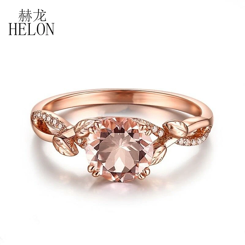 

HELON Solid 18K Rose Gold Flawless Round 7mm 1.2ct Natural Morganite & Diamonds Gemstone Ring For Women Trendy Fine Jewelry Gift