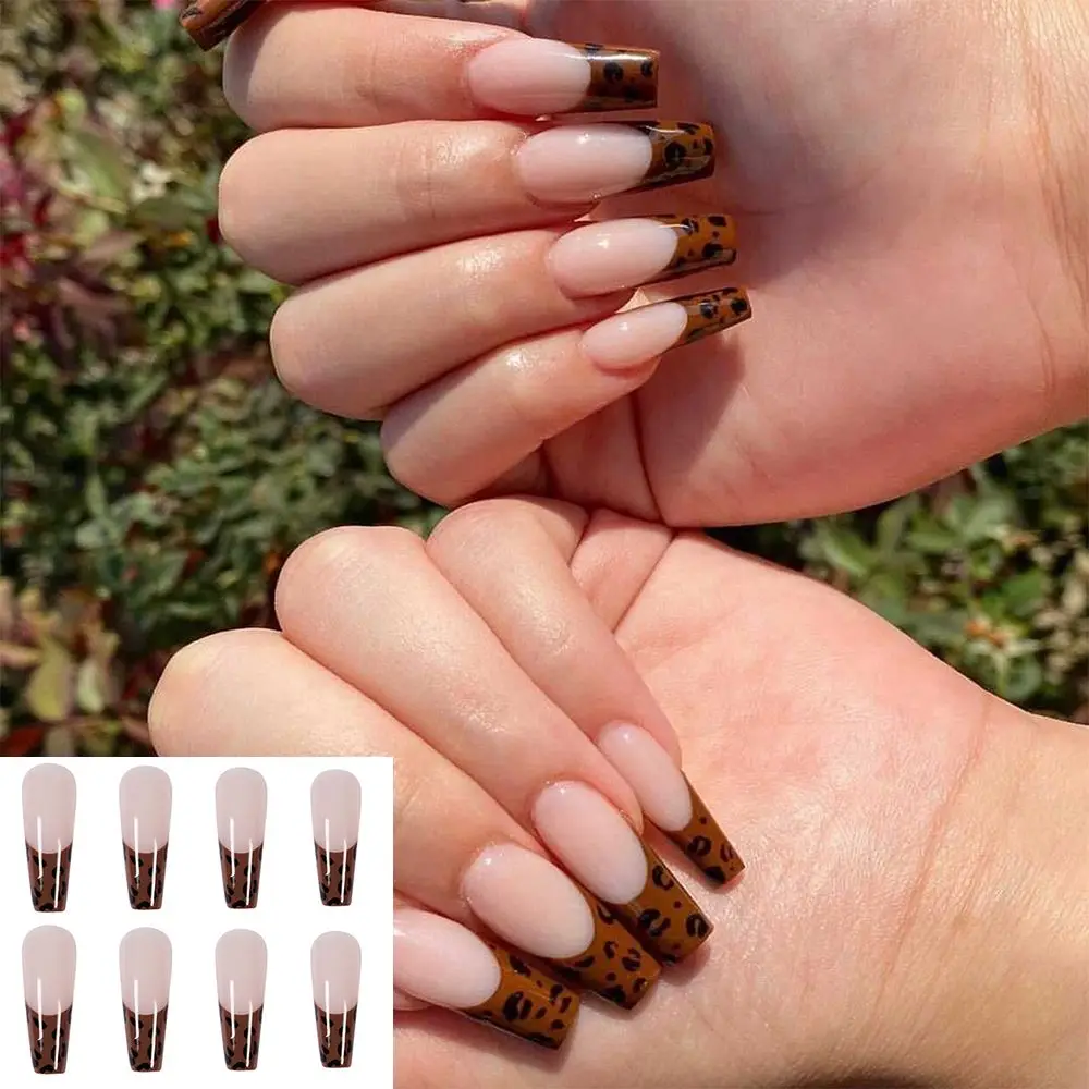 

24pcs/Box Ballerina Artificial Full Cover Manicure Tool Leopard French Coffin False Nails Nail Tips Fake Nails Wearable