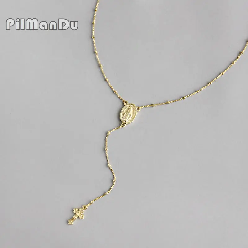 

PilManDu 925 Sterling Silver Portrait Coin Necklace Bead Chain Cross Pendant Necklace INS Fine Jewelry Sweater Chain For Women