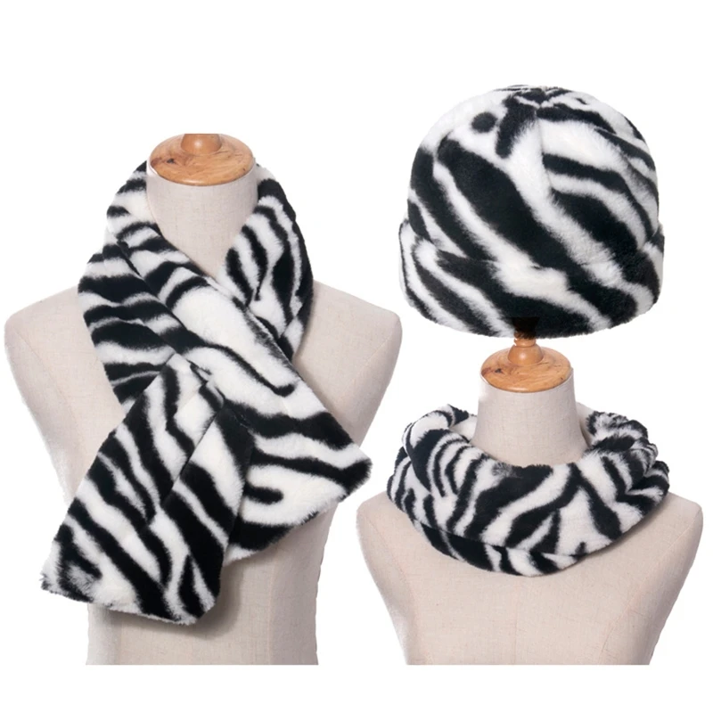 

3Pcs Unisex Zebra Stripes Beanie Hat with Scarf Set Fuzzy Plush Windproof Warmer