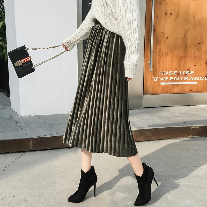 Женская плиссированная юбка винтажная длинная большого размера на осень и зиму