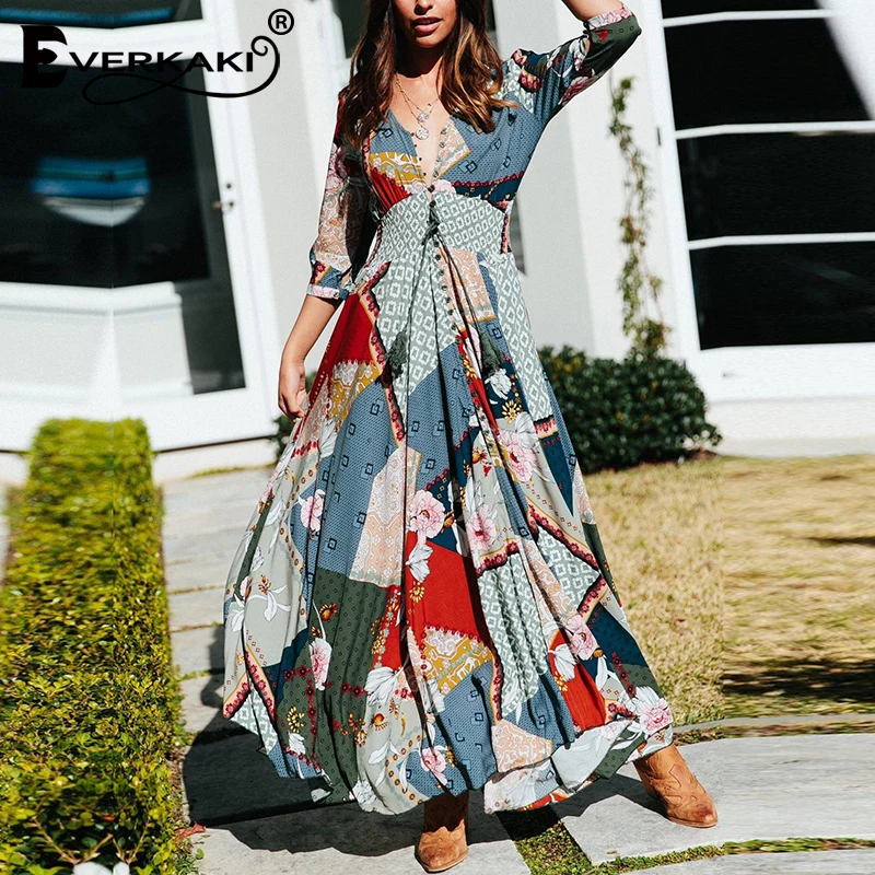 Женское длинное платье с поясом Everkaki винтажное макси в стиле бохо на резинке