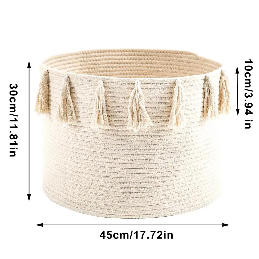 

Woven Storage Basket Durable Laundry Hamper For Storage Cotton Rope Woven Tassel Storage Basket Clutter Storage Laundry Basket