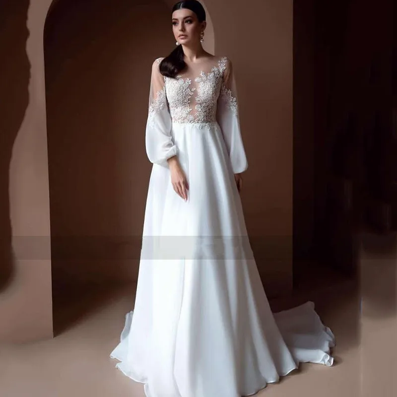 Фото Шифоновое свадебное платье с пышными рукавами недорогое кружевное