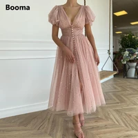 glitter blush short prom dresses v neck puff sleeves pleated tulle evening dresses buttons tea length a line party gowns