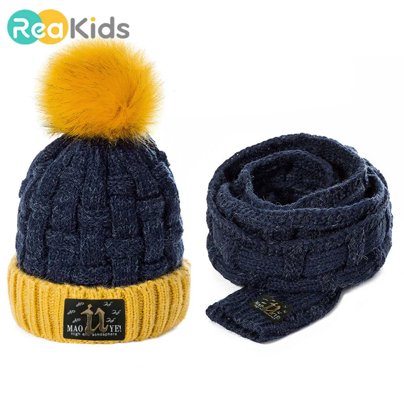 REAKIDS/Модная зимняя детская шапка, шарф, комплект с помпонами, теплые хлопковые шапочки, детская шапка с шарфом, шапка для девочек и мальчиков, унисекс
