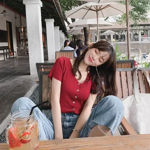 Mishow   Новая модная летняя трикотажная футболка в корейском стиле с V-образным вырезом и короткими рукавами  Новая коллекция 2019 Повседневный стиль Материал полиамид MX19B5228