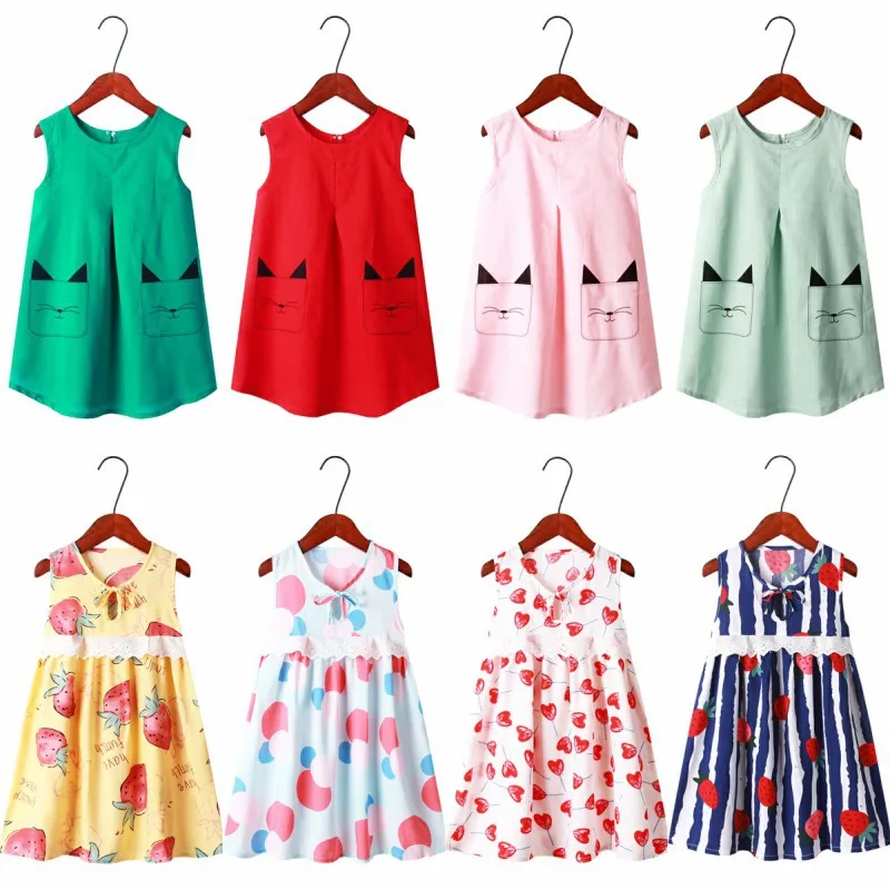 

New Strawberry Girls Summer Dress Cartoon Print Cotton Linnen Silk Sleeveless Vest Children's Dress Casual Floral Kids Dresses