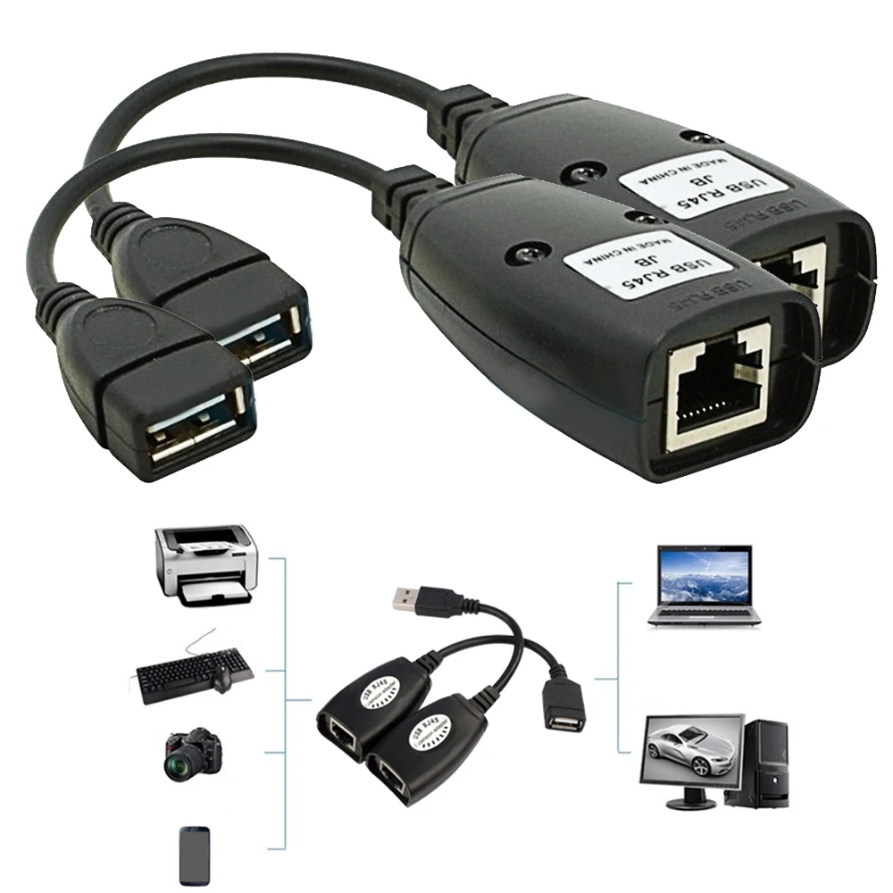 Elisona 2 шт. удлинитель кабеля USB к RJ45 RJ 45 LAN адаптера по Cat5 Cat6 патч корд черные Сетевые