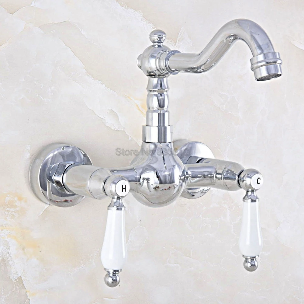 

Chrome Wall Mount Double Handle Bathroom Faucet Vanity Vessel Sinks Mixer Tap Cold And Hot Water Tap tnf562