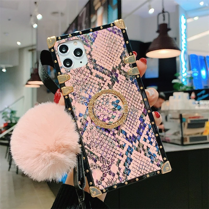 

Luxury Snake skin design Square silicon Phone case For iPhone 13 12 11 Pro Max XS XR SE 7 Plus With Hair ball Bracket back cover