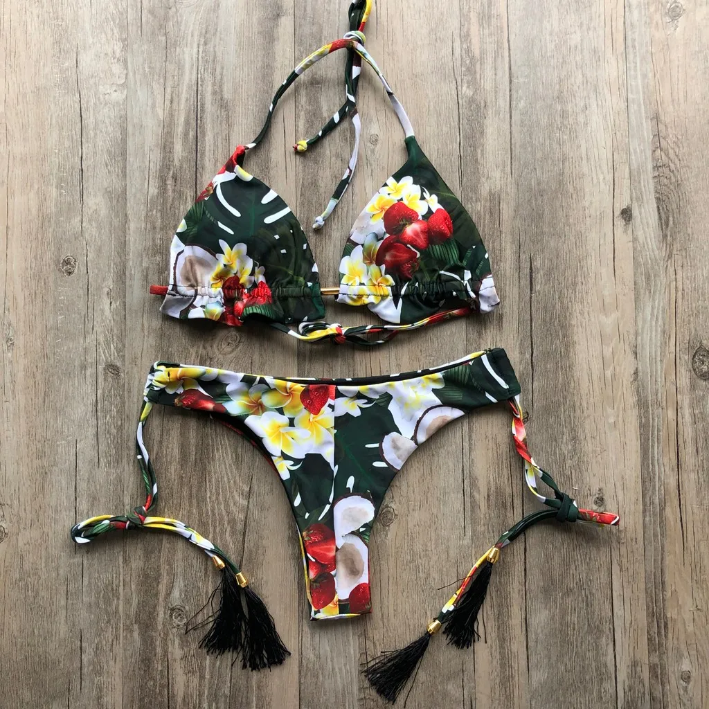 

Feshion Womens Sexy Bikini Set Hot Stamp Sport Swimwear Push-Up Padded Female Print Floral Strappy Swimsuit stroje kapielowe da