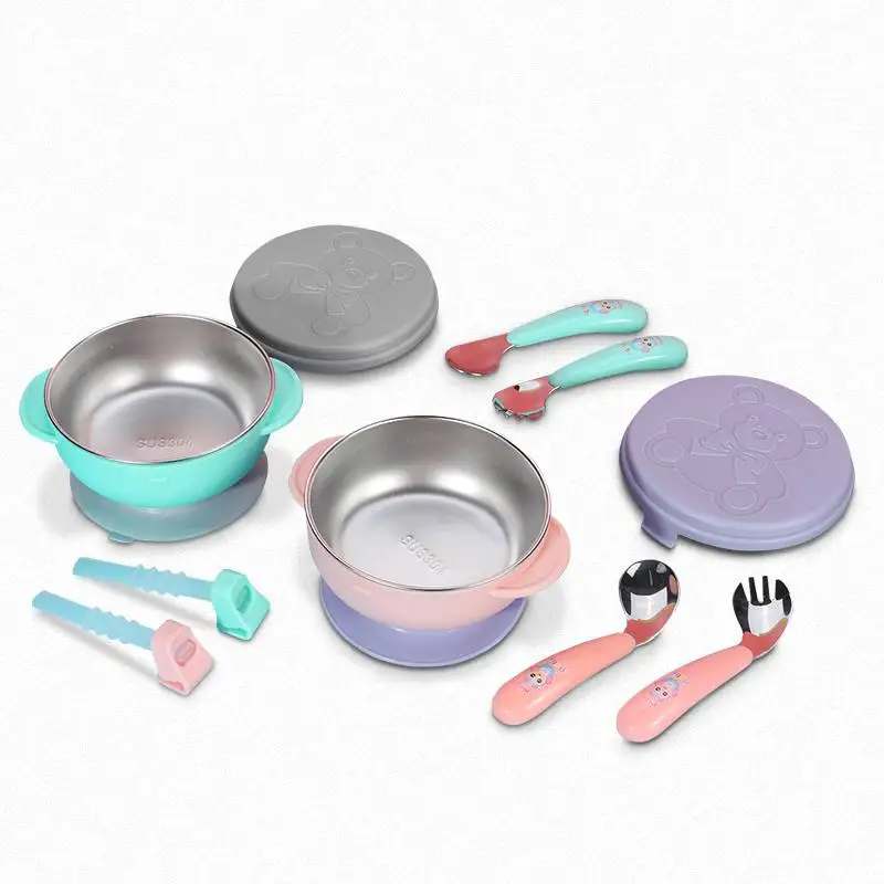 

Baby Bowl Set Double Design Anti-Hot Dining Plate Bowl Spoon Tableware Set Dinner Learning Dishes Children Training Dinnerware