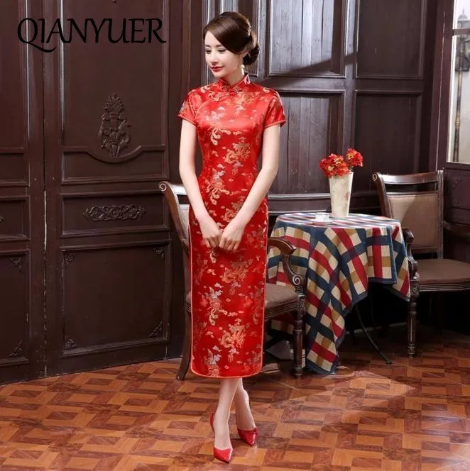 Красное Атласное летнее женское традиционное китайское платье Ципао короткое
