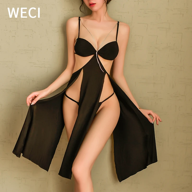 

WECI Женская Сексуальная эротическая одежда, Порно Ночное платье, летняя одежда для сна с V-образным вырезом, удобная домашняя одежда, шелкова...