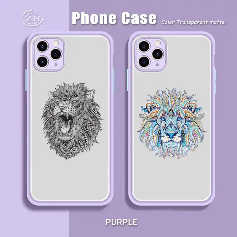 

Lion Pattern Phone Case Purple Mint Matte Color For IPhone X XS Max XR 7 8 6 6S Plus 12 11 Pro Max Shockproof Clear Cover