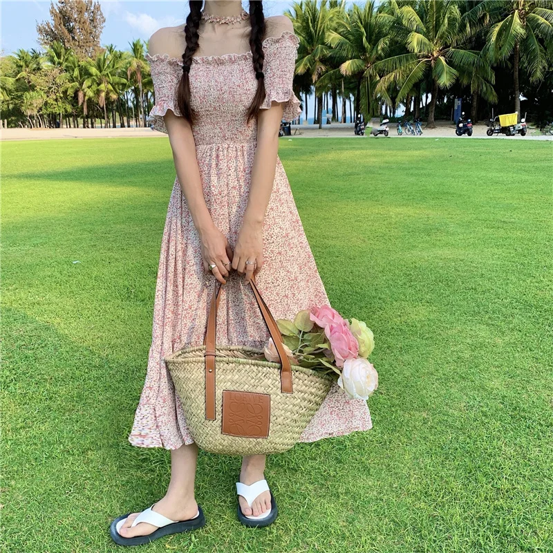 

Women's Summer Sundresses One-Shoulder Chiffon Beach Dress 2021 Retro Sexy Strapless Ruffle Midi Dress Femme Robe