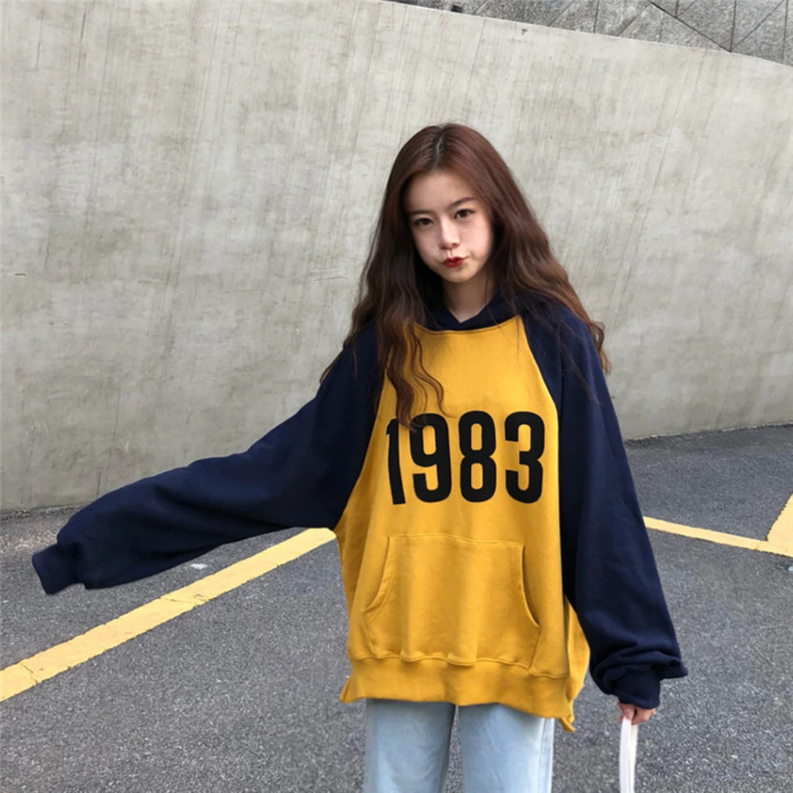 Women Color Block Leisure Loose Long Raglan Sleeve Plush Warm Hoodie Pocket Autumn Sweatshirt Pullover Tops