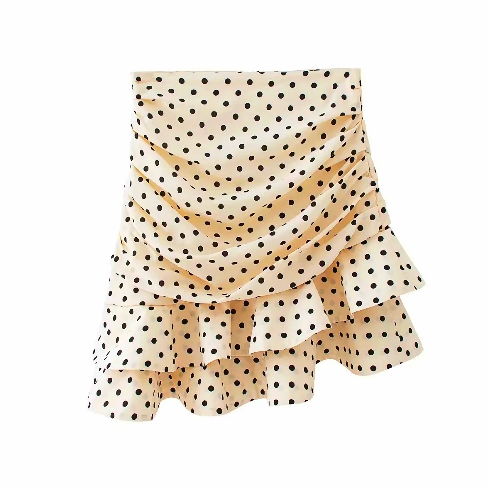 

Stylish Chic Khaki Polka Dot Print Ruched Asymmetrical Mini Skirt Za Pop Vogue Women Skirts Casual Streetwear Jupe