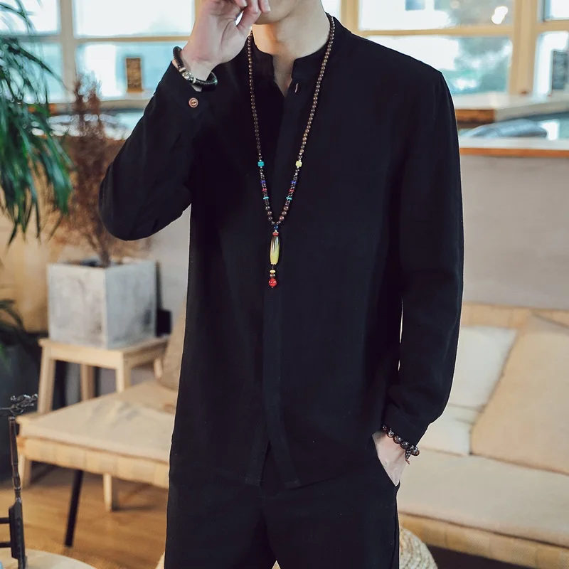 Chinese Style Solid Tang Suit Shirt Men Fashion Streetwear Harajuku Long Sleeve Mens Shirts 2021 Kung Fu Clothes 31640 | Тематическая