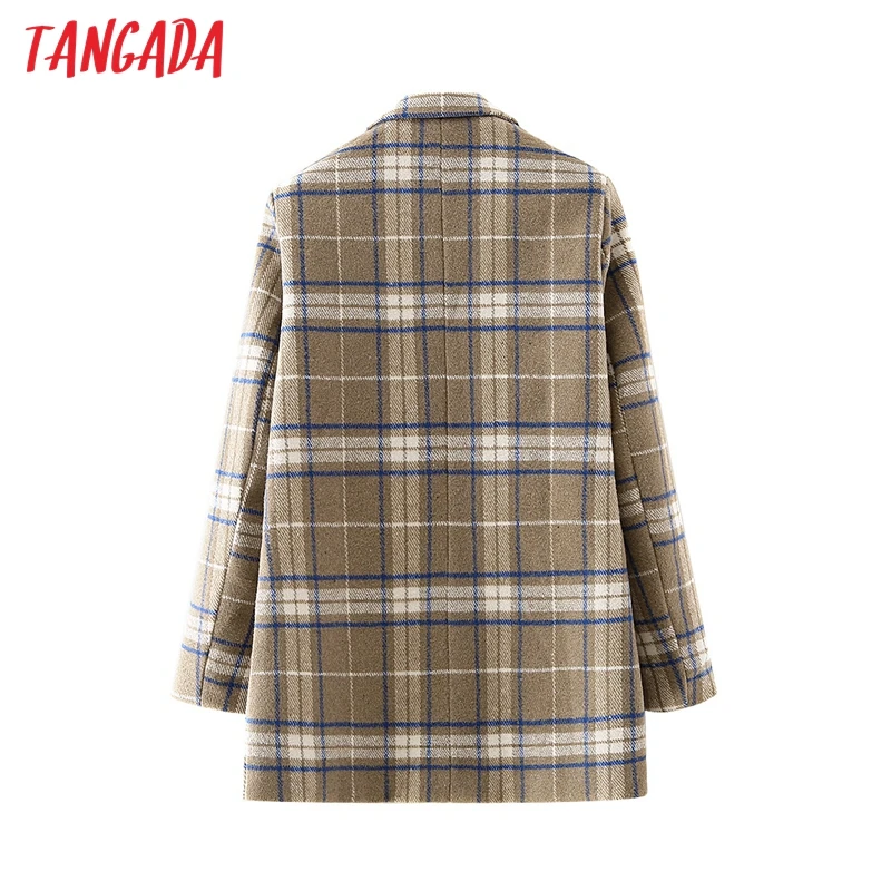

Tangada Women Winter Coffee Plaid Woolen Blazer Coat Vintage Double Breasted Long Sleeve Female Outerwear Chic Tops DA178