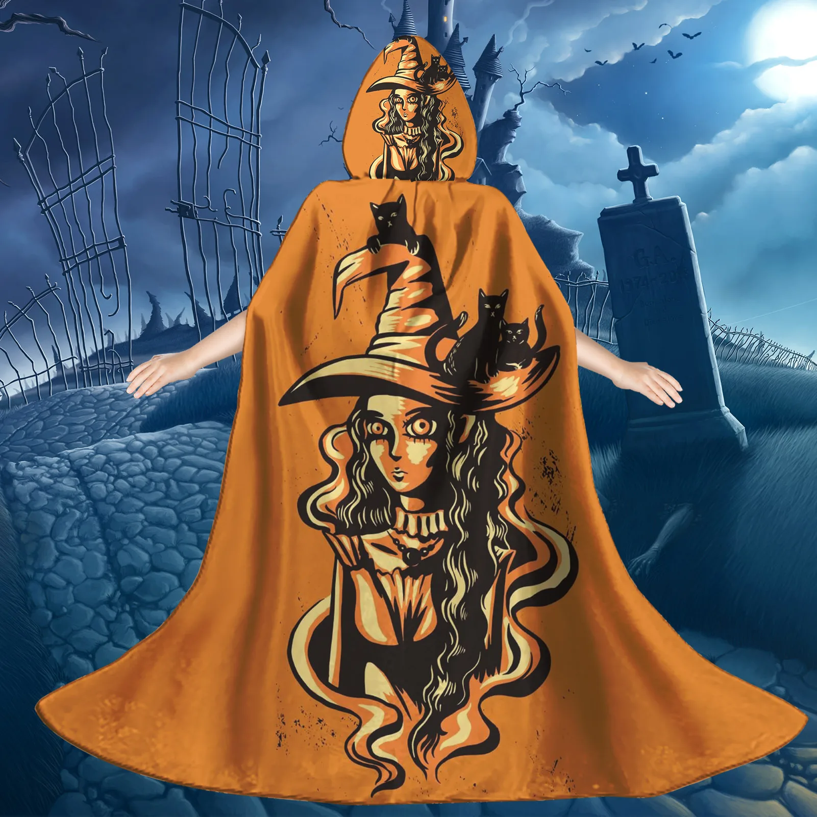 

Halloween Witch Pattern Print Long Hooded Cloak for Teen Boys Girls Holiday Christmas Party Supplies Clothes Medieval Role Robe