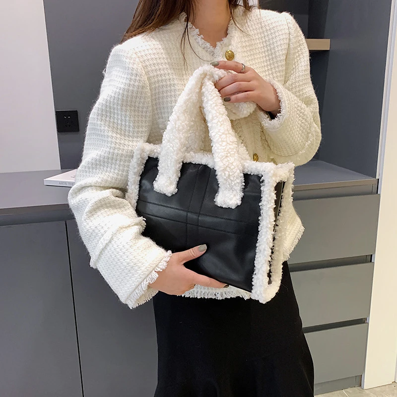 

Retro Contrast Color Plush Shoulder Bag Woman Luxury Simple Pu Leather Women's Handbag Designer Brand Underarm Tote Bag Ladies
