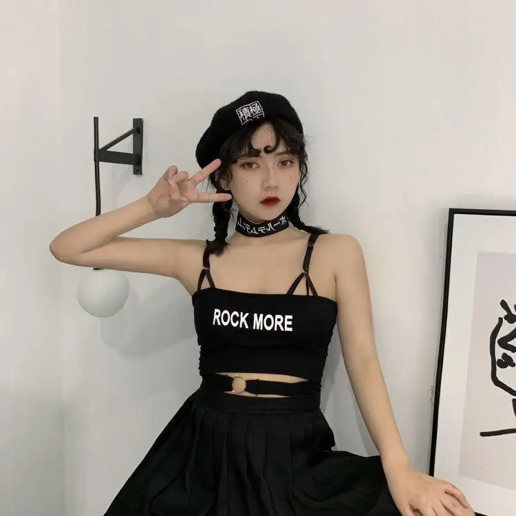 

European and American style letter print small sling summer personality high waist short vest hollow out navel sleeveless top