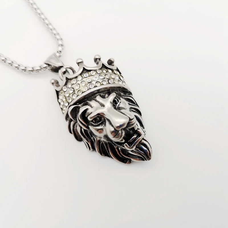 

Plated 316L Stainless steel Crown lion pendant necklace mens hip hop punk Rhinestones crown lion necklace fashion jewelry