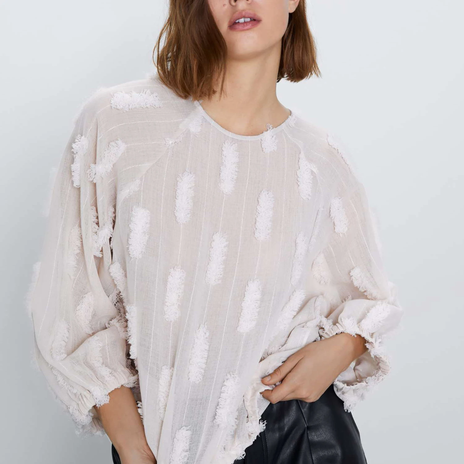 2019 za женский модный топ с текстурой полупрозрачный круглым вырезом свободные