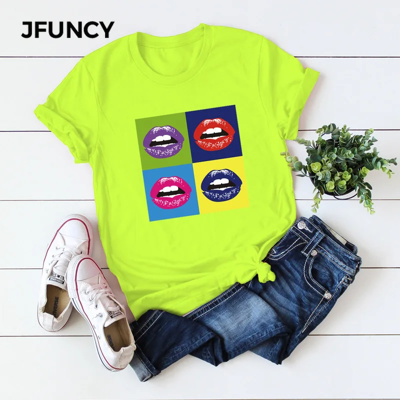 JFUNCY сексуальная летняя женская футболка с принтом губ коротким рукавом Harajuku