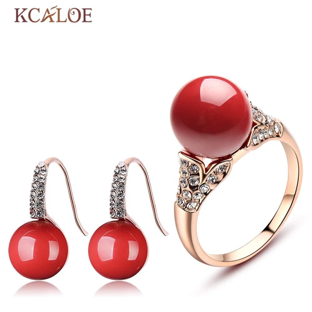 KCALOE, серьги и кольцо, набор из розового золота, аксессуары для невесты, Красный искусственный коралл, стразы, свадебные ювелирные наборы - Окраска металла: earrings ring