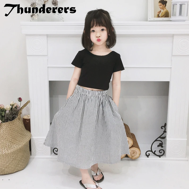 

Thunderers летние детские наряды, черная короткая футболка и Полосатая юбка, одежда для девочек, костюм, повседневный детский комплект одежды, од...