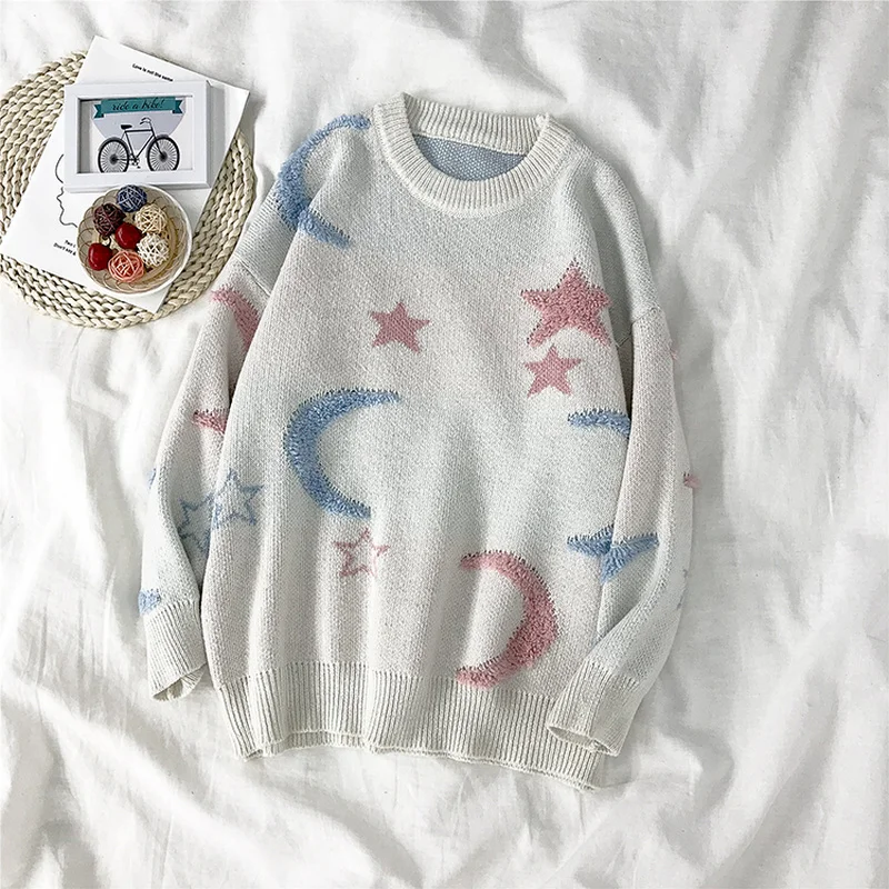 Gaganight Moon Stars корейский Свободный женский свитер с длинным рукавом и круглым
