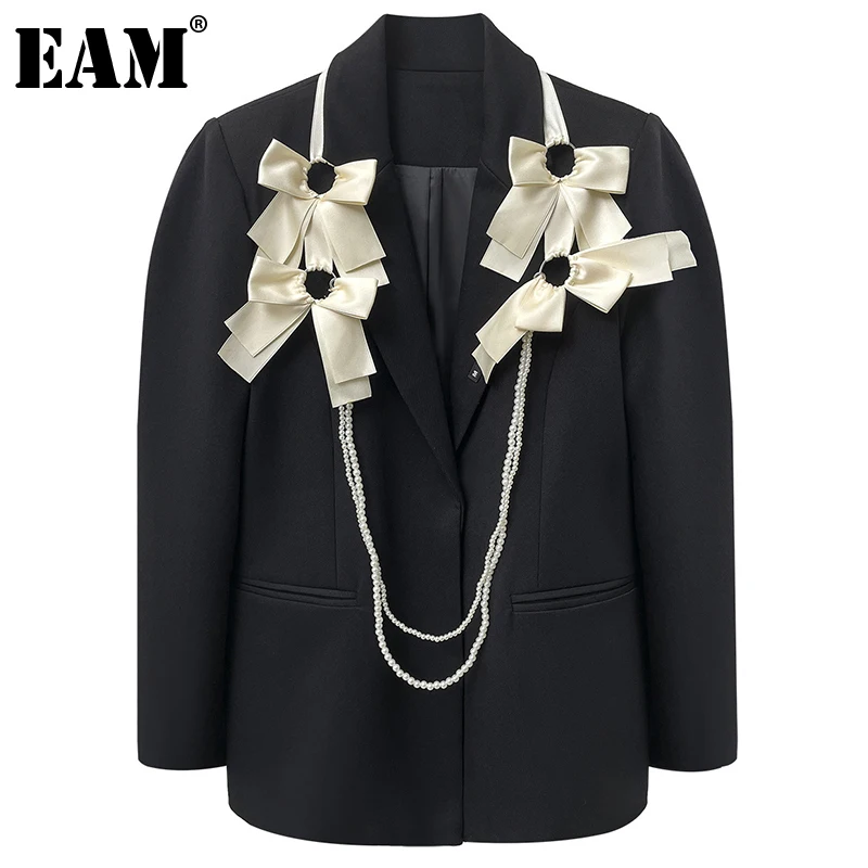 

[EAM] женский черный блейзер с бантом и жемчужинами, большой размер, новая свободная куртка с отворотом и длинным рукавом, модная демисезонная...