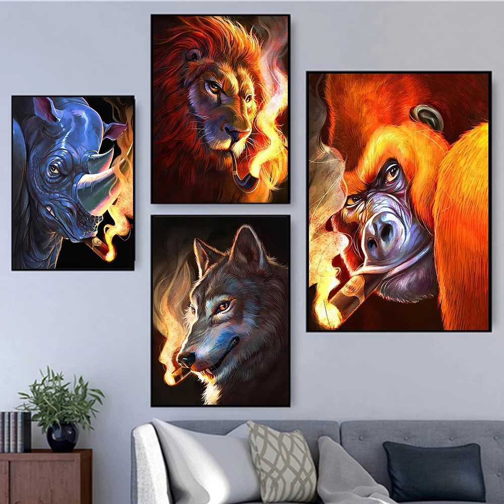 

Watercolor Poster And Prints Smoking Animals Modern Lion Wolf Rhino Monkey In Smoke Art Canvas Painting On The Wall Home Decors