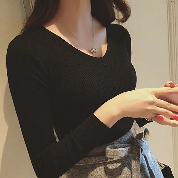 Core spun yarn 2020 autumn new women's wear V-neck with knitted bottoming shirt shows thin and slim long sleeve sweater top |
