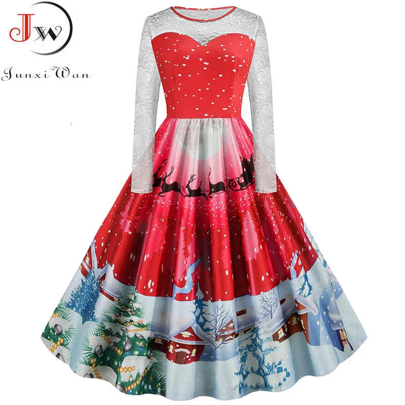 2019 Женское зимнее кружевное элегантное рождественское платье с длинным рукавом