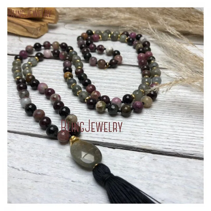 

Rhodonite Mala Labrodorite Guru Beads Mala Hand Knotted 108 Mala Necklace With Black Silk Tassel Necklace MN31375