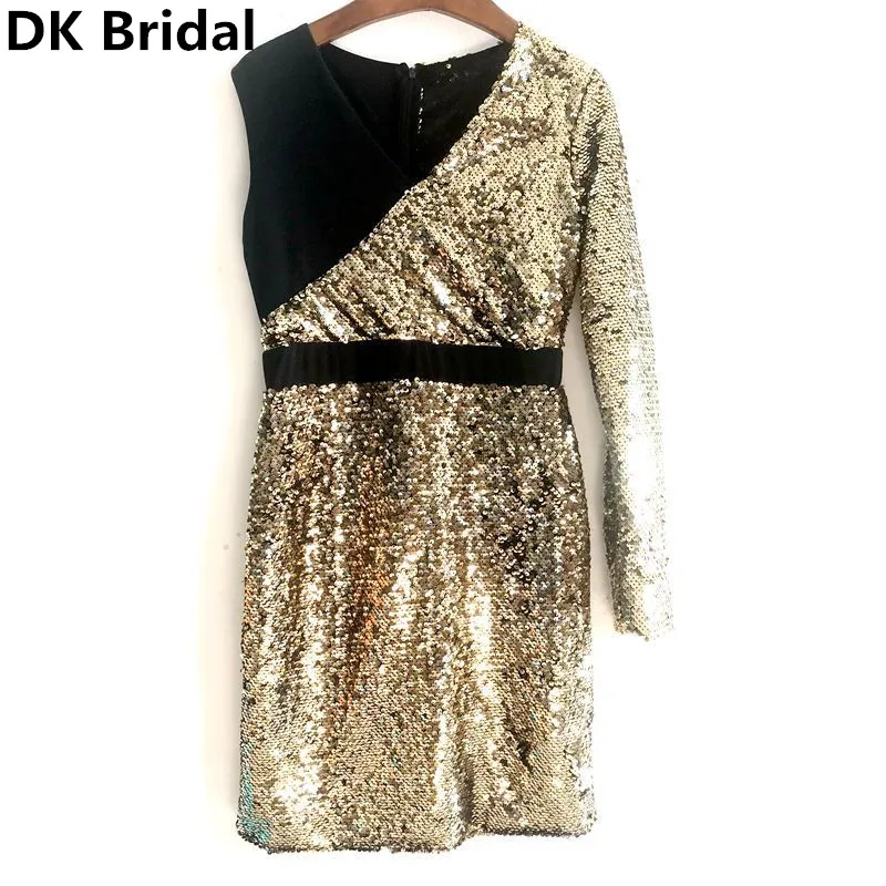 Sexy V-Neck Gold Evening Dresses 2019 One Shoulder Sequin Dubai Saudi Arabic Long Sleeves Evening Gown Prom Dress robe de soiree