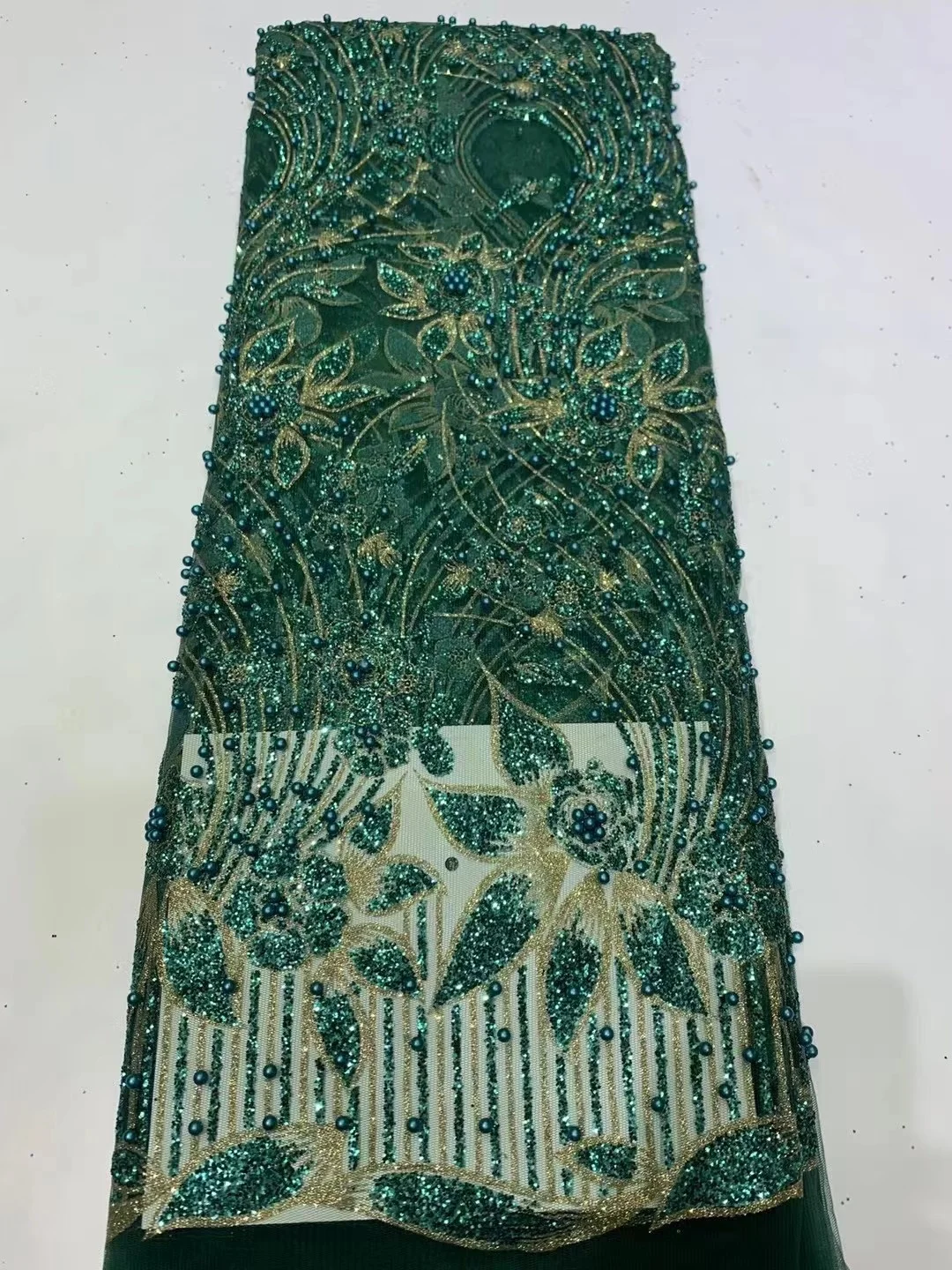 

2021 African Heavy Beaded Green Lace Fabric Wedding Luxury Hand Beads Embroidered Mesh Tulle Lace Fabric With Sequins