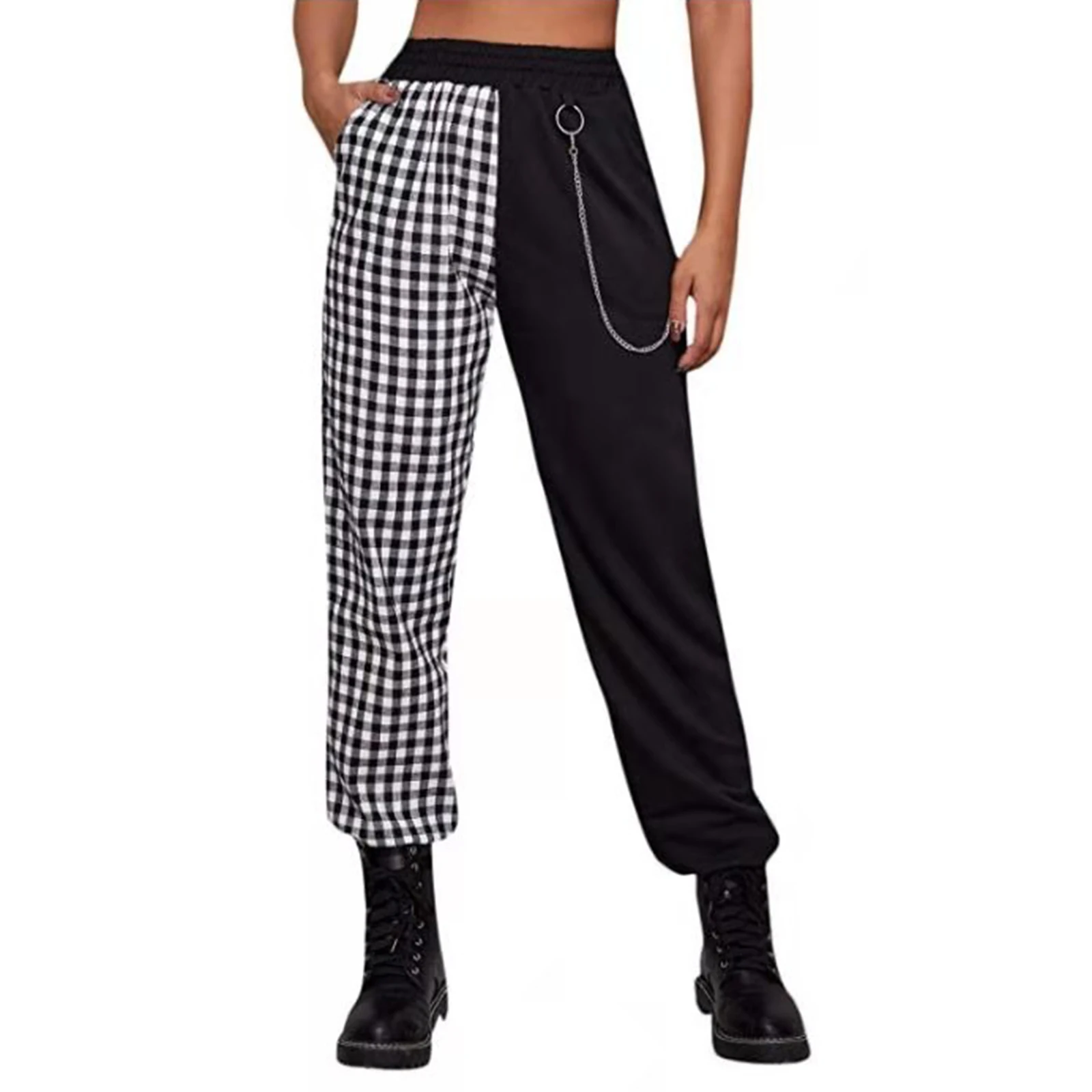 

Ladies Spring Casual Pants, Plaid Match Color High Elastic Waist Slacks with Chains Decoration for Girls, Black