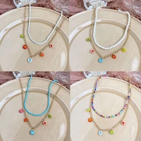 new korea lovely daisy flowers colorful beaded white pearls charm statement short choker necklace for women vacation jewelry